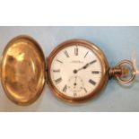 Waltham, a gold-plated hunter cased keyless pocket watch, the white enamel dial with Roman