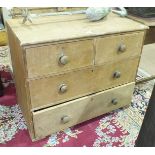 A stripped pine chest of four drawers, 93cm wide, a painted wood chest and a small stained pine