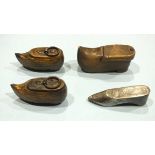 A white metal snuff box in the form of a shoe, marked Hancock & Jessop, and three wooden clog