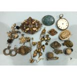 Various silver and white metal brooches, a gold-plated seal and matching watch key, an enamelled