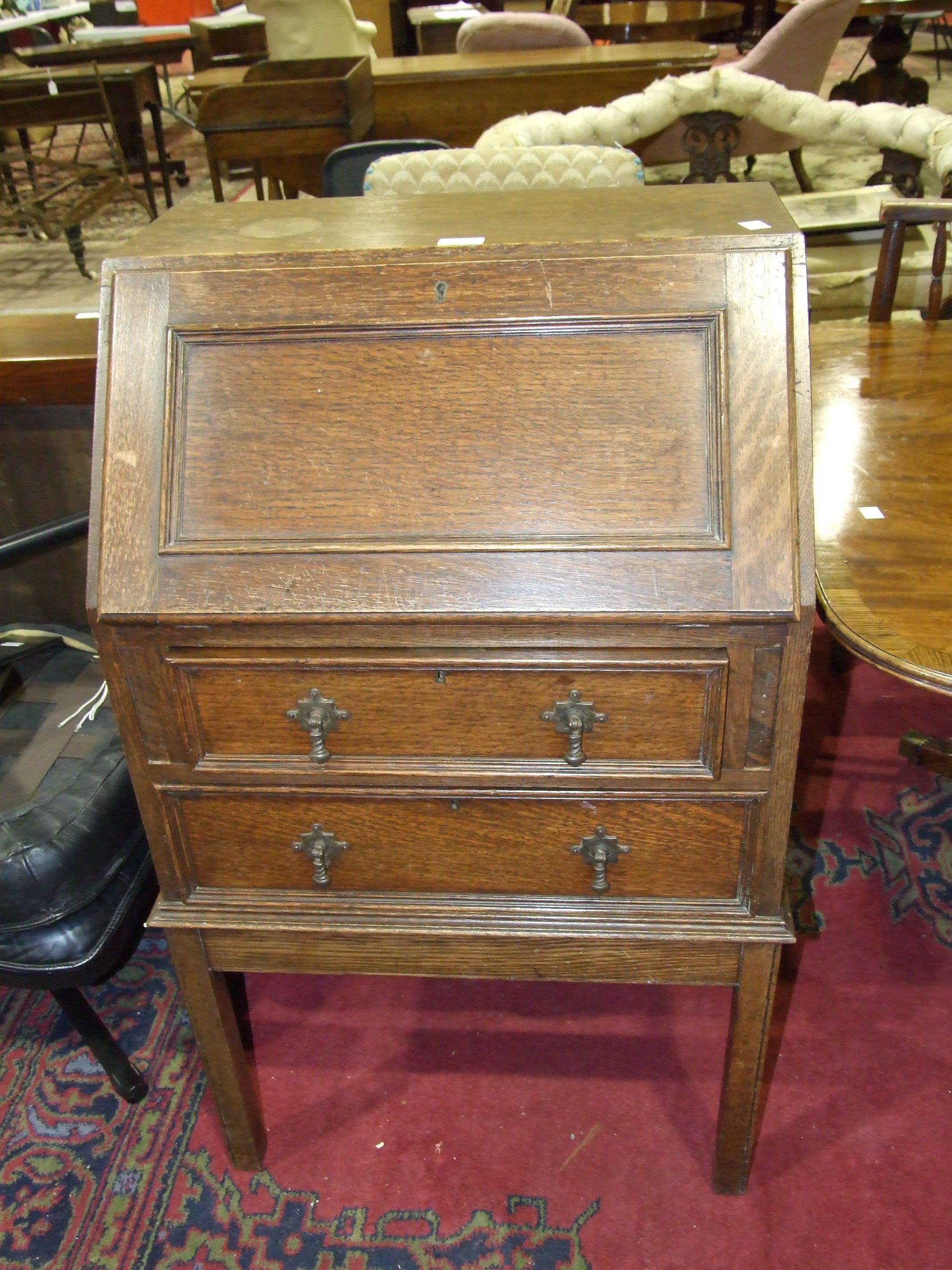 An Edwardian walnut writing desk with two small side drop leaves and three drawers, 81cm, an oak - Image 3 of 4