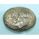 A Continental silver oval snuff box. the lid decorated with a rural scene, bearing Dutch silver