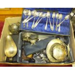 A collection of plated cruets of thistle form, plated cutlery and other plated ware.