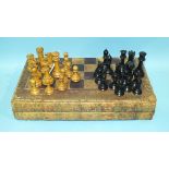 A Staunton-style turned wood chess set, (cross lacking from both kings), king approximately 9.5cm (