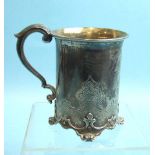 A Victorian engraved christening mug on scroll feet, Sheffield 1846, 9cm high ___3 ½oz.