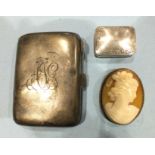 A silver cigarette case, 8 x 6cm, Birmingham 1921, a 925 silver pill box and a silver gilt cameo