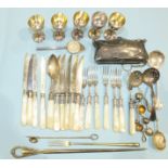 Five Michael Borg miniature silver goblets, 7cm high, a silver pickle fork, Chester 1898, a