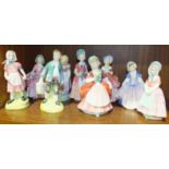 A collection of nine Royal Doulton figurines: 'Diana' HN1986, 'Cissie' HN1809, 'Tootles' HN1680, '