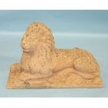 A cast concrete model of a seated lion, on square-form plinth, 120cm high, another cast concrete