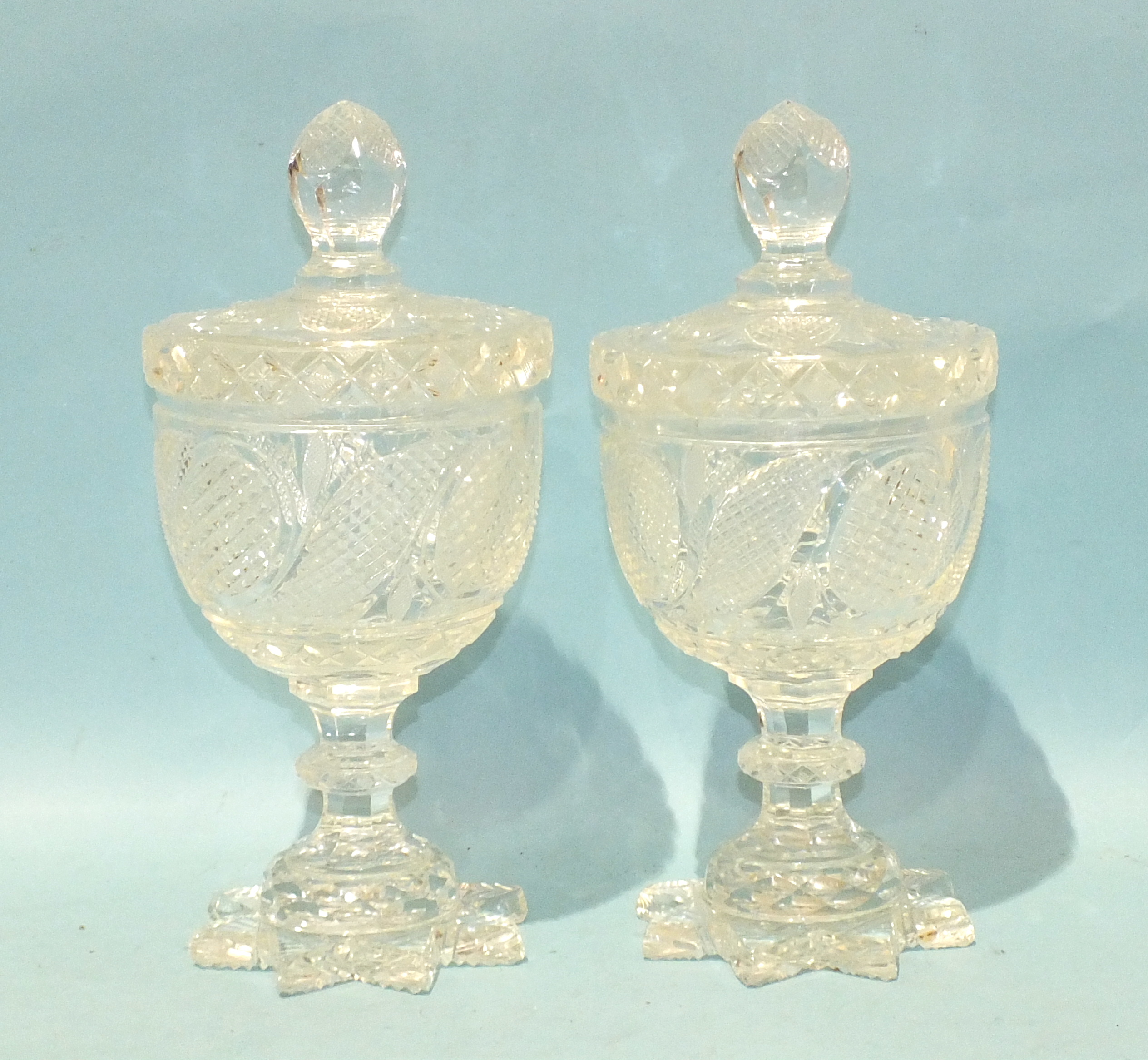 A pair of late-19th century cut-glass sugar vases with lids, 30cm high. - Image 2 of 2