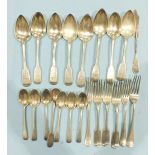 A collection of mainly 19th century silver flatware, mixed patterns, dates and makers, weight 25oz.