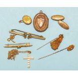 A small 15ct gold stick pin set diamond, a 9ct gold bar brooch set peridot circlet and other items.