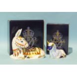 Two Royal Crown Derby paperweights, 'Donkey' and 'Derby Ram', both with gold stoppers, (boxed), (