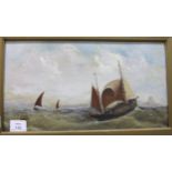 19th century Continental School, 'Fishing boats in heavy seas', oil on board, 22 x 40cm and two