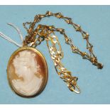 Two 9ct gold bracelets, 5g, and a cameo brooch with gold plated mount.