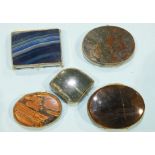 Five various metal mounted hardstone snuff boxes, (damages).