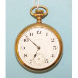 A gold-plated American Waltham USA Traveller keyless pocket watch, 5cm diameter, 91g, (winds,