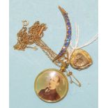 A 9ct gold crescent brooch set graduated blue stones, 3g, a small gold heart-shaped locket on chain,