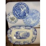 A blue and white meat dish and other ceramics.