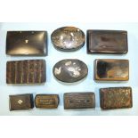 Ten various papier-mâché snuff boxes, (10)