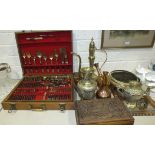 A collection of eastern brass and copper ware and a Thai "bronze" cutlery set.