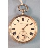 A J W Benson silver-cased open face pocket watch, the white enamel dial with Roman numerals and