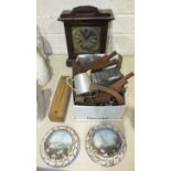 An oak mantel clock, a pair of shell dioramas and other items.