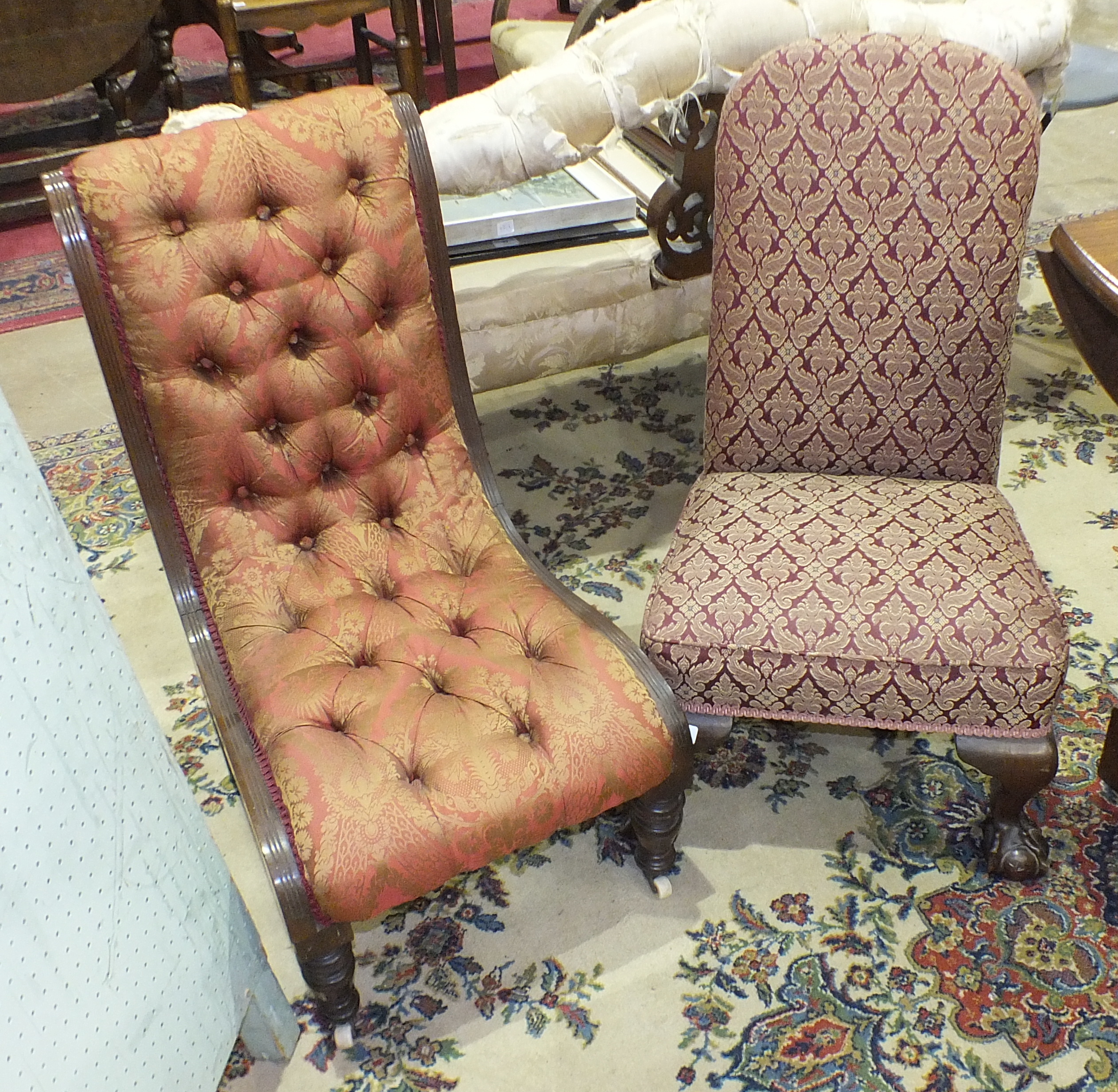 Two Victorian mahogany and upholstered nursing chairs, (2).