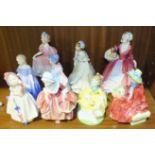 A collection of nine Royal Doulton figurines: 'Goody Two Shoes' HN2037 (small chip to shoe), 'Marie'
