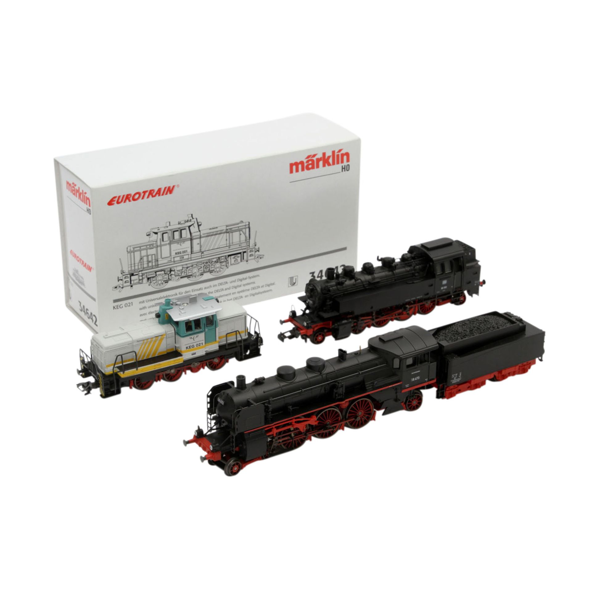 MÄRKLIN zwei Dampfloks und eine Diesellok, Spur H0,Kunststoff-Gehäuse, 1x m. Guss-Kessel, 34642: