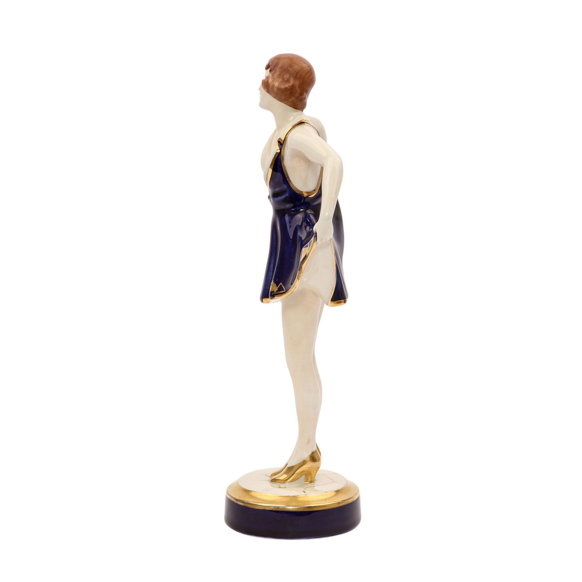 JUGENDSTIL Figur "Tänzerin", 20. Jh.Auf rundem Sockel stehende Tänzerin, ihr kurzes Kleid seitlich - Image 3 of 6