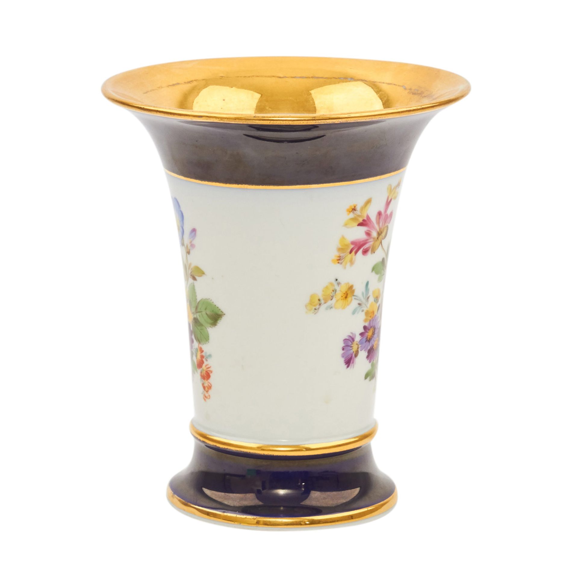 MEISSEN kleine Trompetenvase, 1860-1924.Polychrome Blumenbukettmalerei, breiter Kobaltrand an - Image 2 of 5