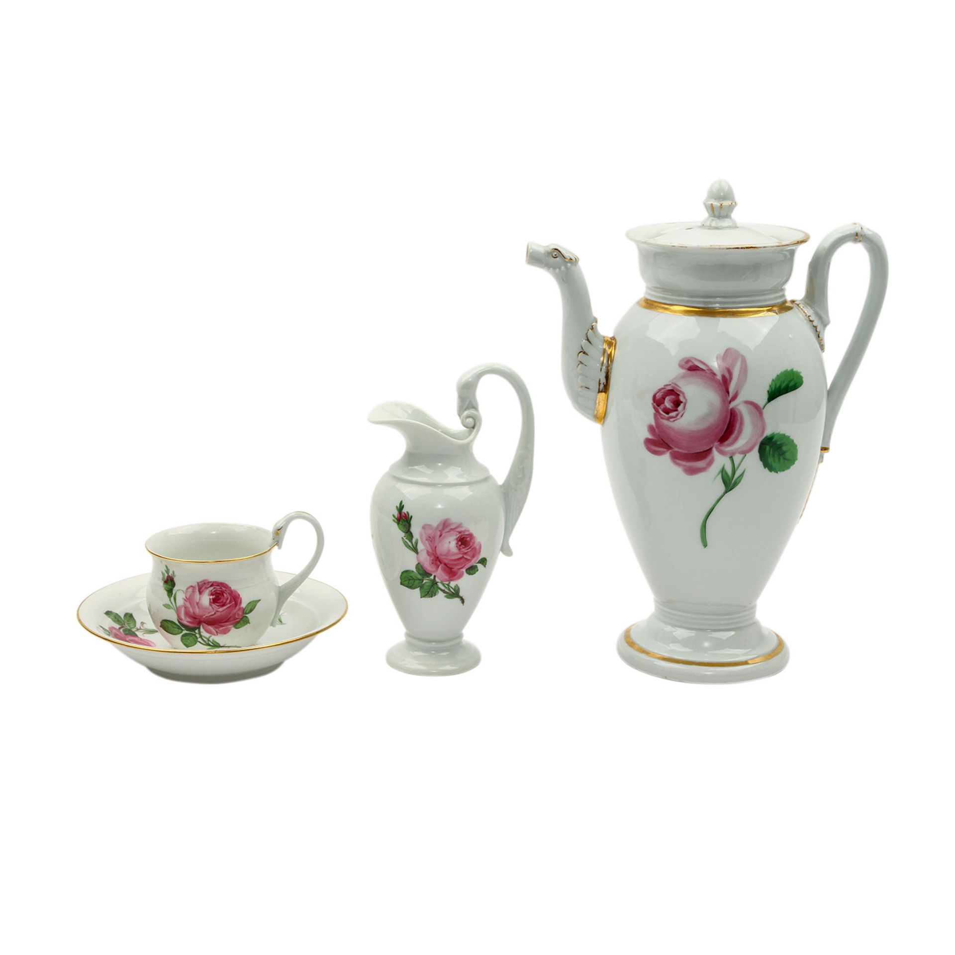 Konvolut MEISSEN 6-tlg., 20. Jh.'Rote Rose': 1 Kaffeekanne mit Tierkopfausgießer (Sprung, Deckel - Image 3 of 8