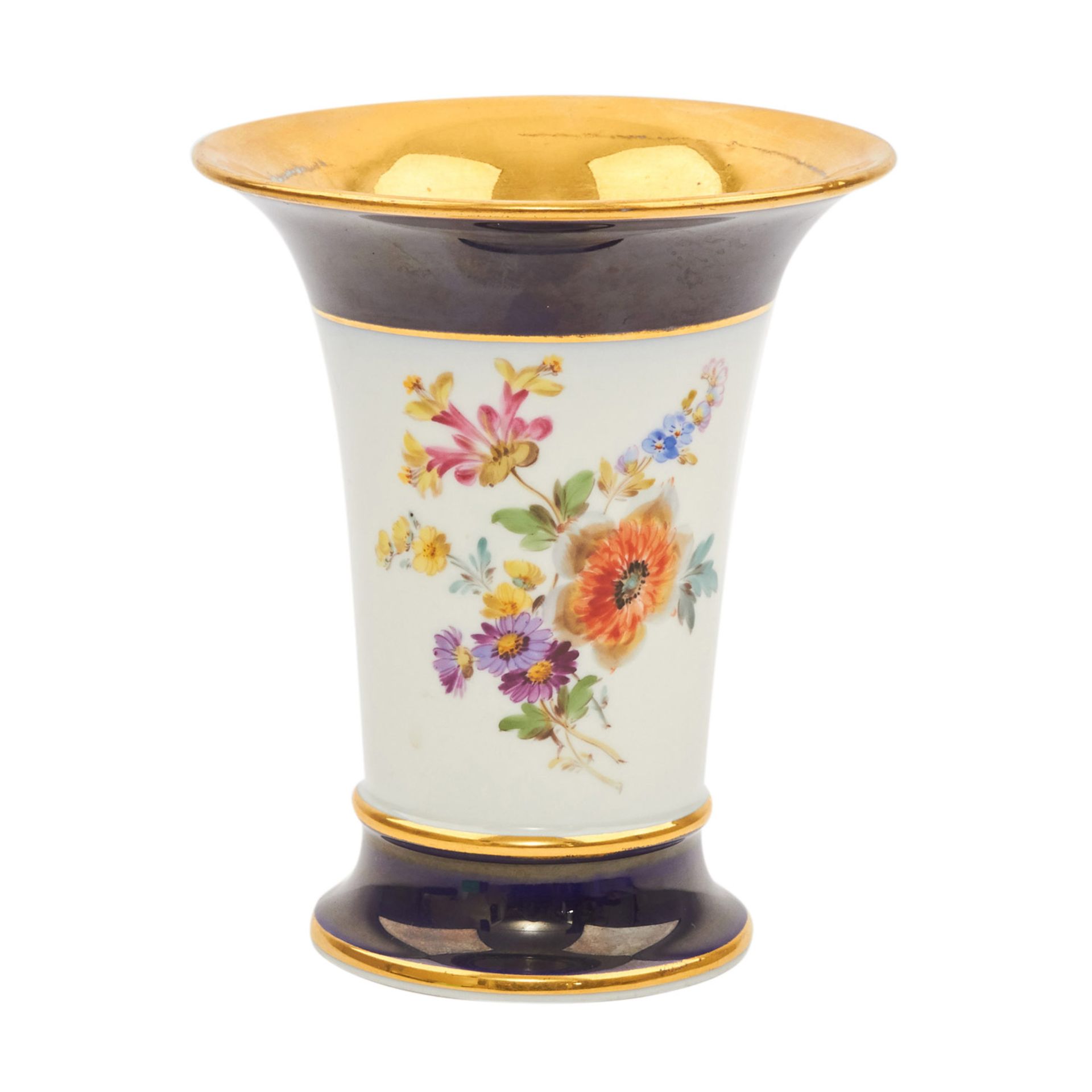 MEISSEN kleine Trompetenvase, 1860-1924.Polychrome Blumenbukettmalerei, breiter Kobaltrand an - Image 3 of 5