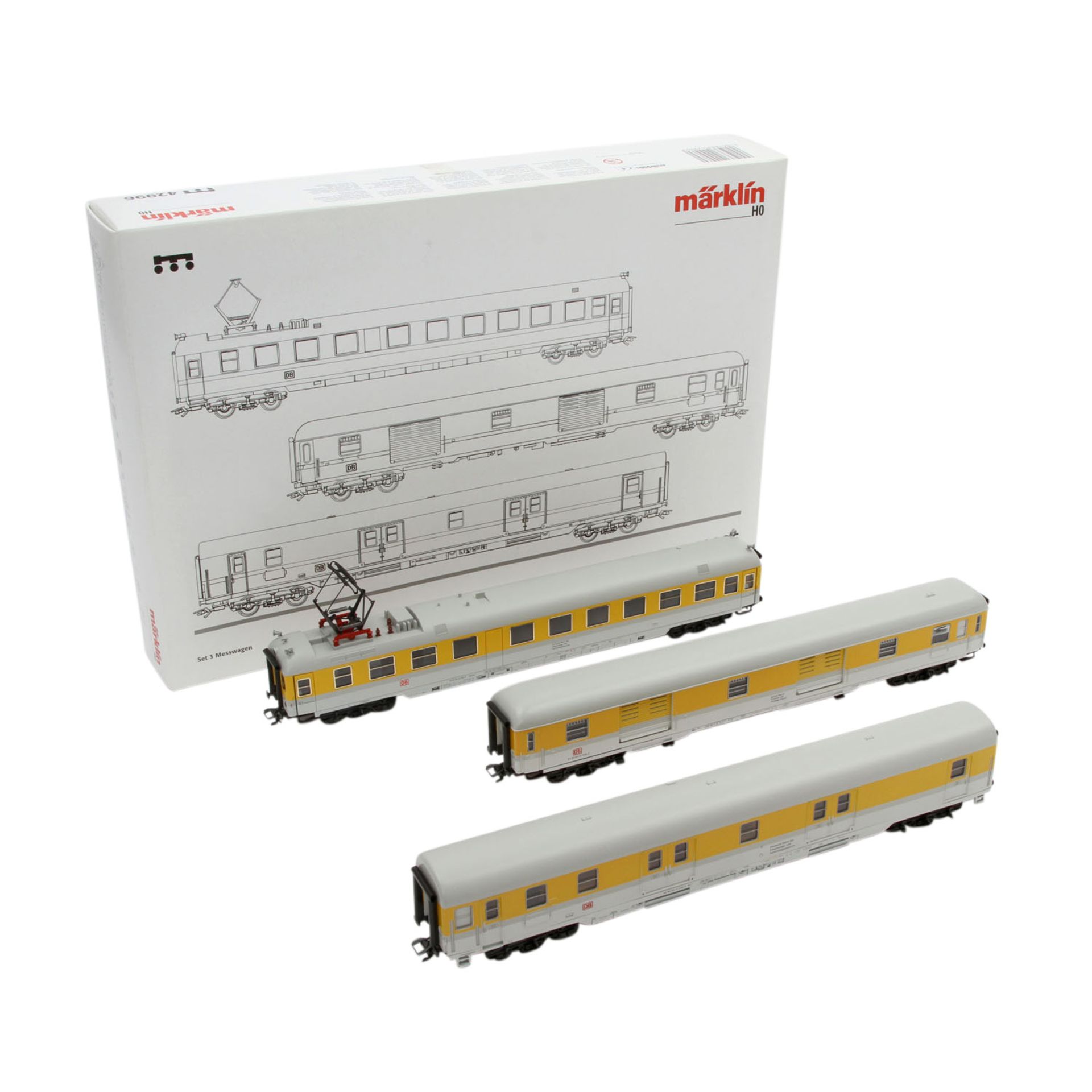 MÄRKLIN Set von drei Messwagen 42996, Spur H0,einmalige Serie, Kunststoff-Gehäuse, hellgrau/gelb, DB