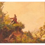 MALER DES 19 JAHRHUNDERTS „Flötenspieler am Waldrand sitzend",mit Blick auf weites Flusstal, u.re.