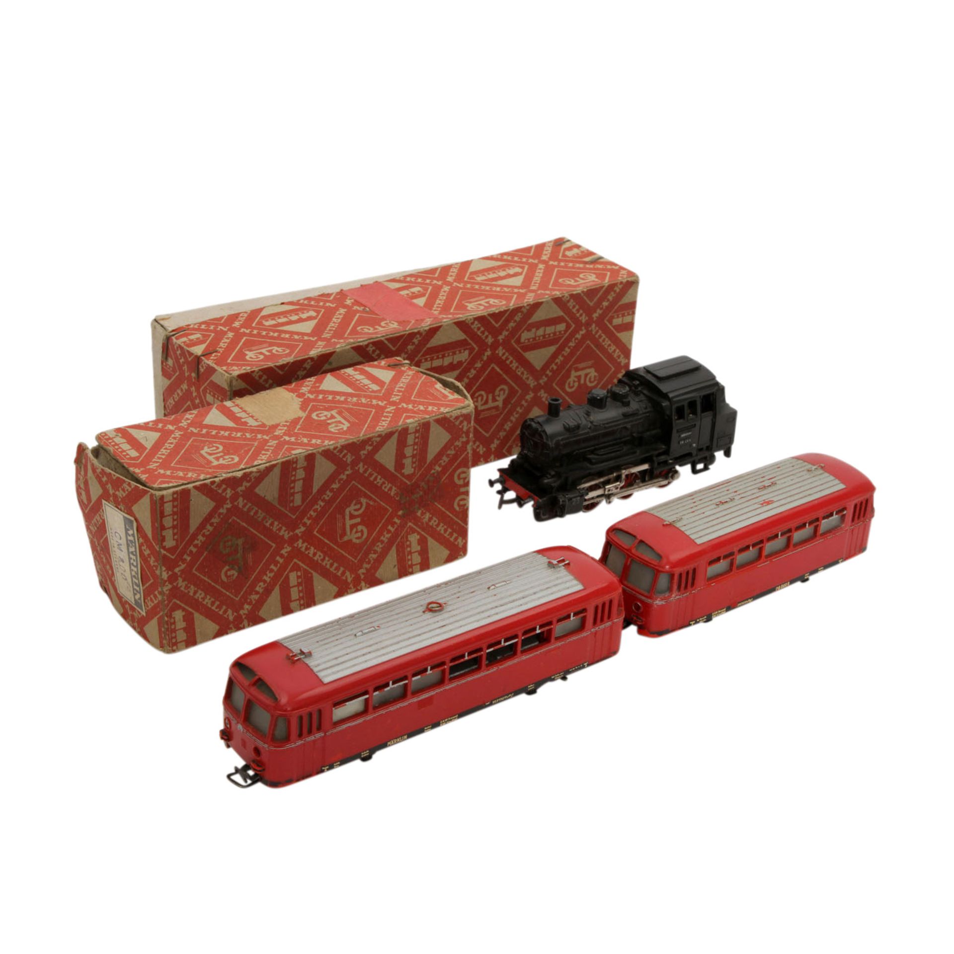 MÄRKLIN Schienenbus mit Beiwagen und Tenderlok, Spur H0,Kunststoff-Gehäuse, bestehend aus 3016 +