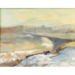 FRANZOSISCHER IMPRESSIONIST, „Winterlandschaft“mit Bogenbücke über einen Fluss, Öl auf Leinwand,