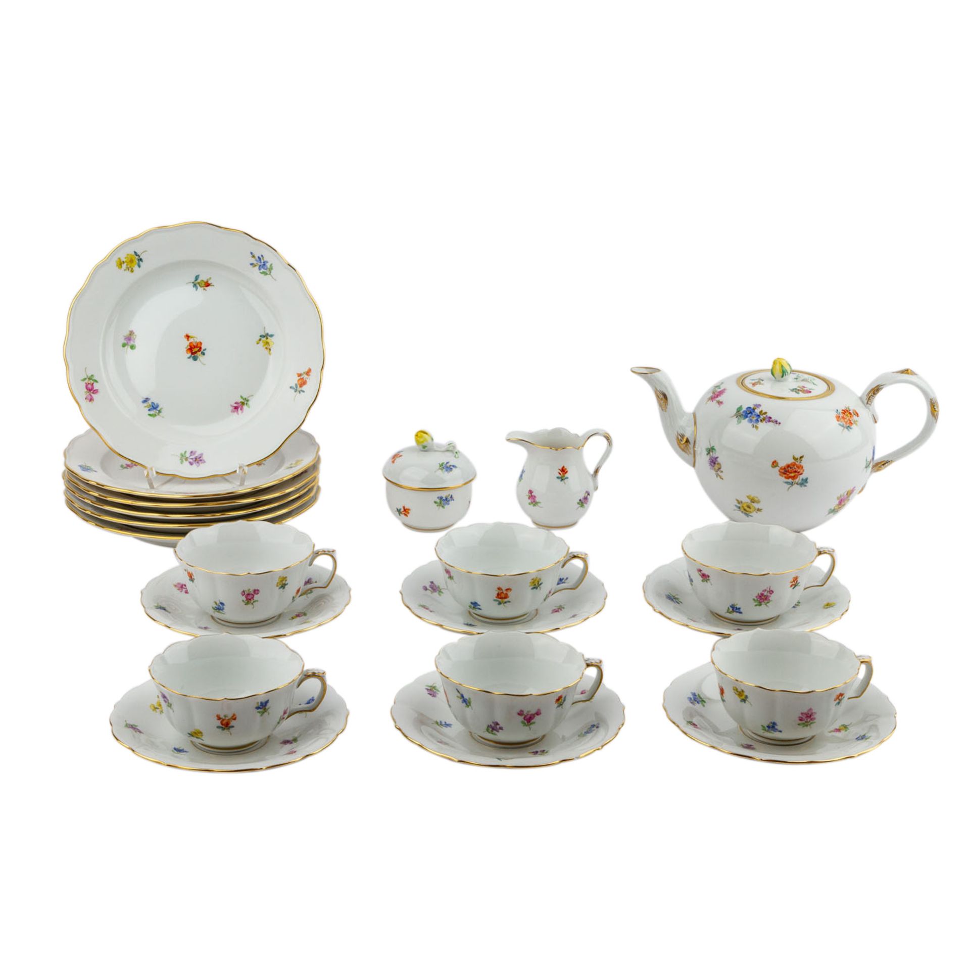 MEISSEN Teeservice f. 6 Personen 'Streublümchen', 20. Jhd.Bestehend aus 6 Teetassen/U-Tassen (1x