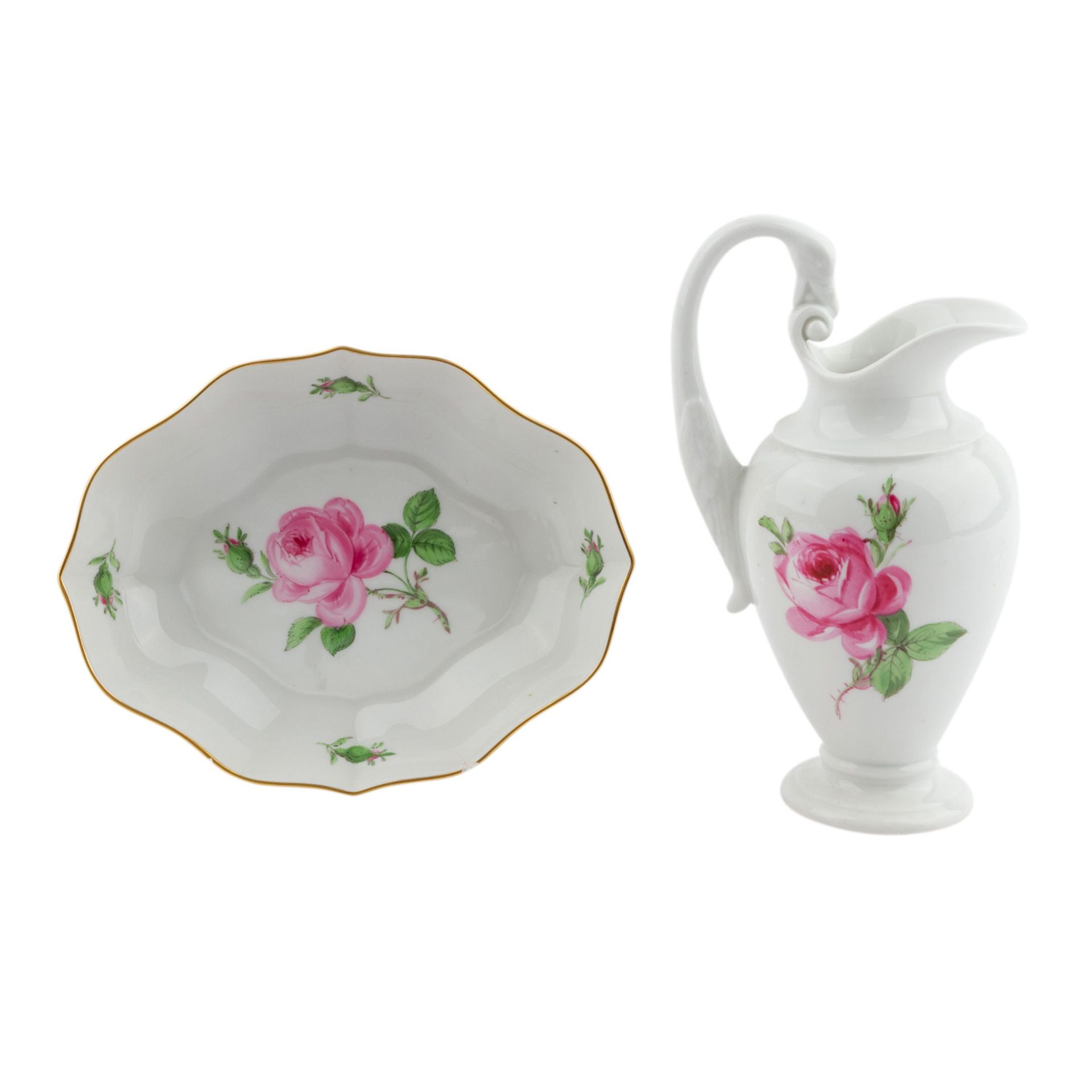 MEISSEN 5 Teile 'Rote Rose', 20. Jhd.1 Kännchen mit Schwanenhenkel, H. ca. 16cm, Knaufschwerter, 1 - Image 4 of 5