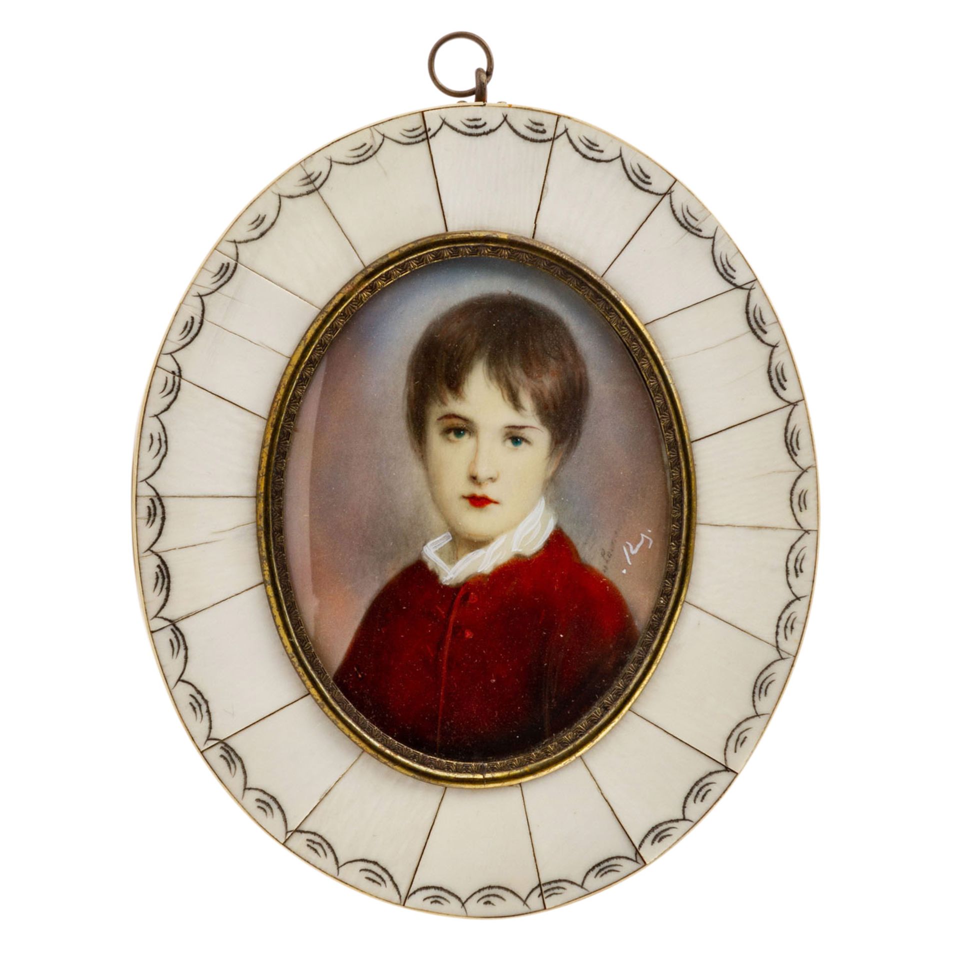 Porträt-Miniatur 'Knabe im roten Anzug', 1900-1945.Im Oval, Elfenbein, ca. 8,5x6,5cm. Rahmung