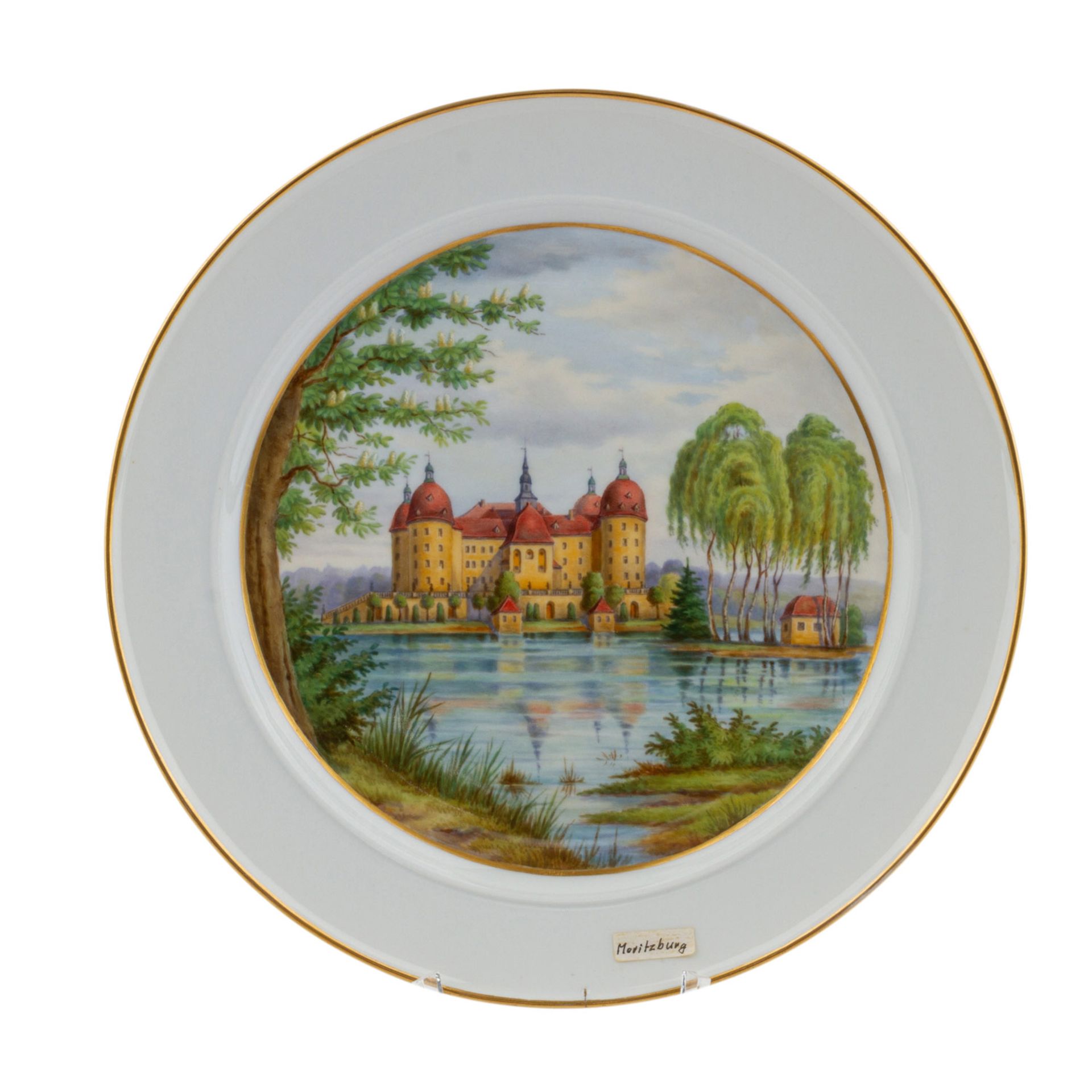 MEISSEN Ansichtenteller 'Schloß Moritzburg', Pfeifferzeit (1924-34).Weißporzellan mit Goldrand, im