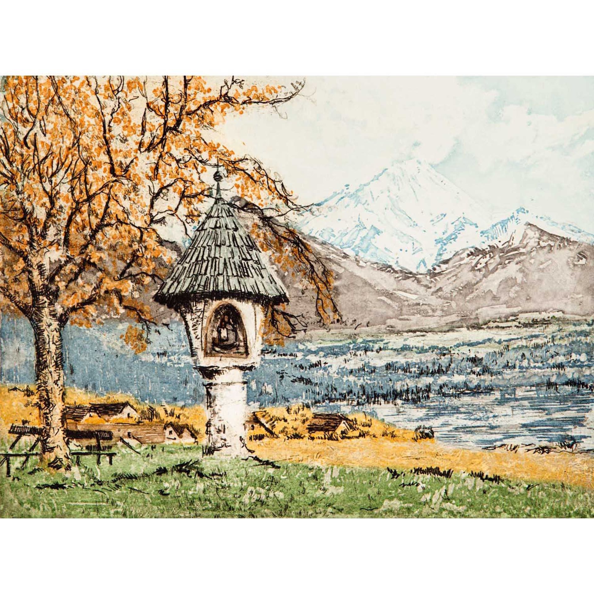 LOISEL, WILHELM (1914-2005), "Faaker See auf Mittagskogel",Farbaquatintaradierung/Papier, darunter