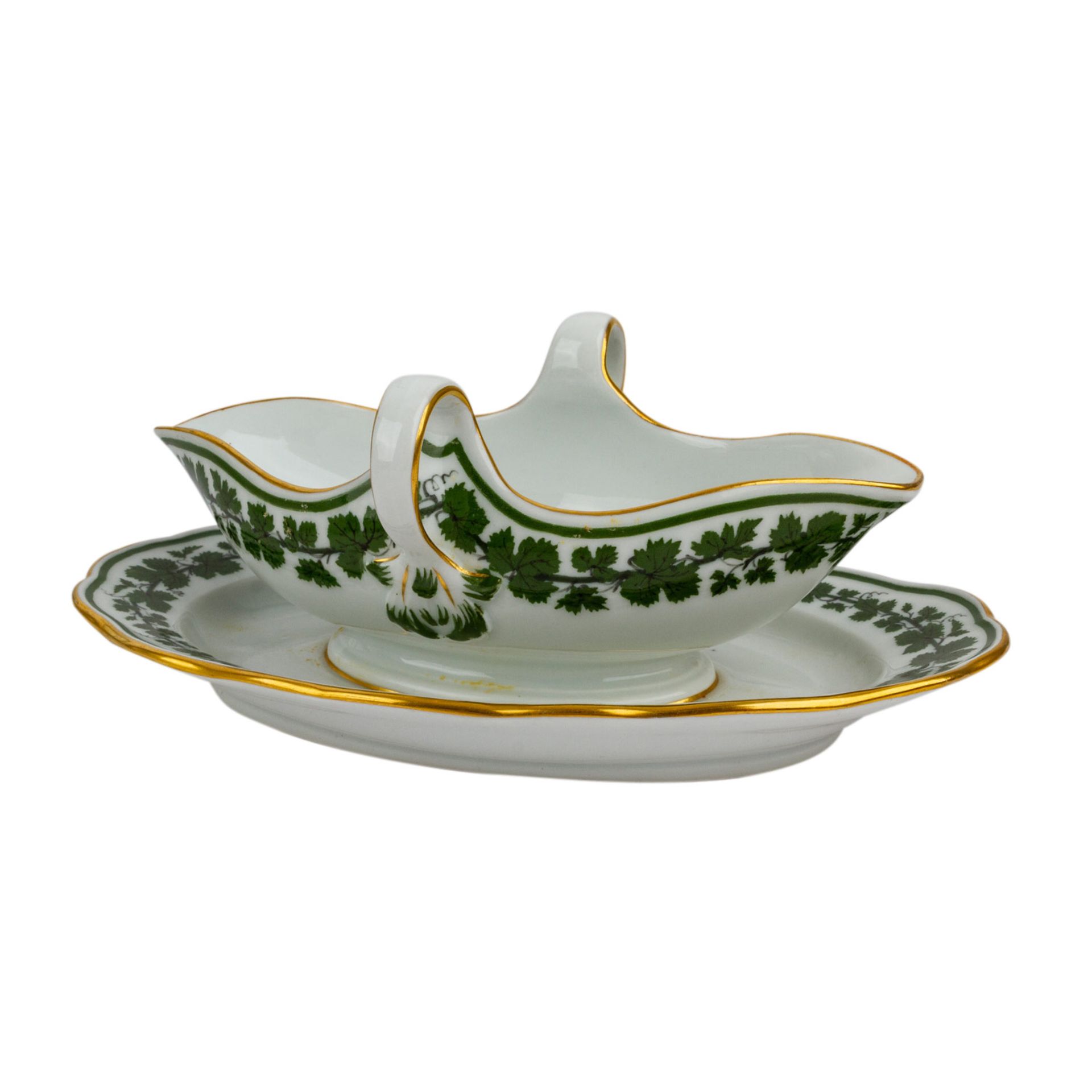 MEISSEN Speiseservice "Voller, grüner Weinkranz", 1860-1924.Weinlaubdekor mit Glanzvergoldung, - Image 7 of 13