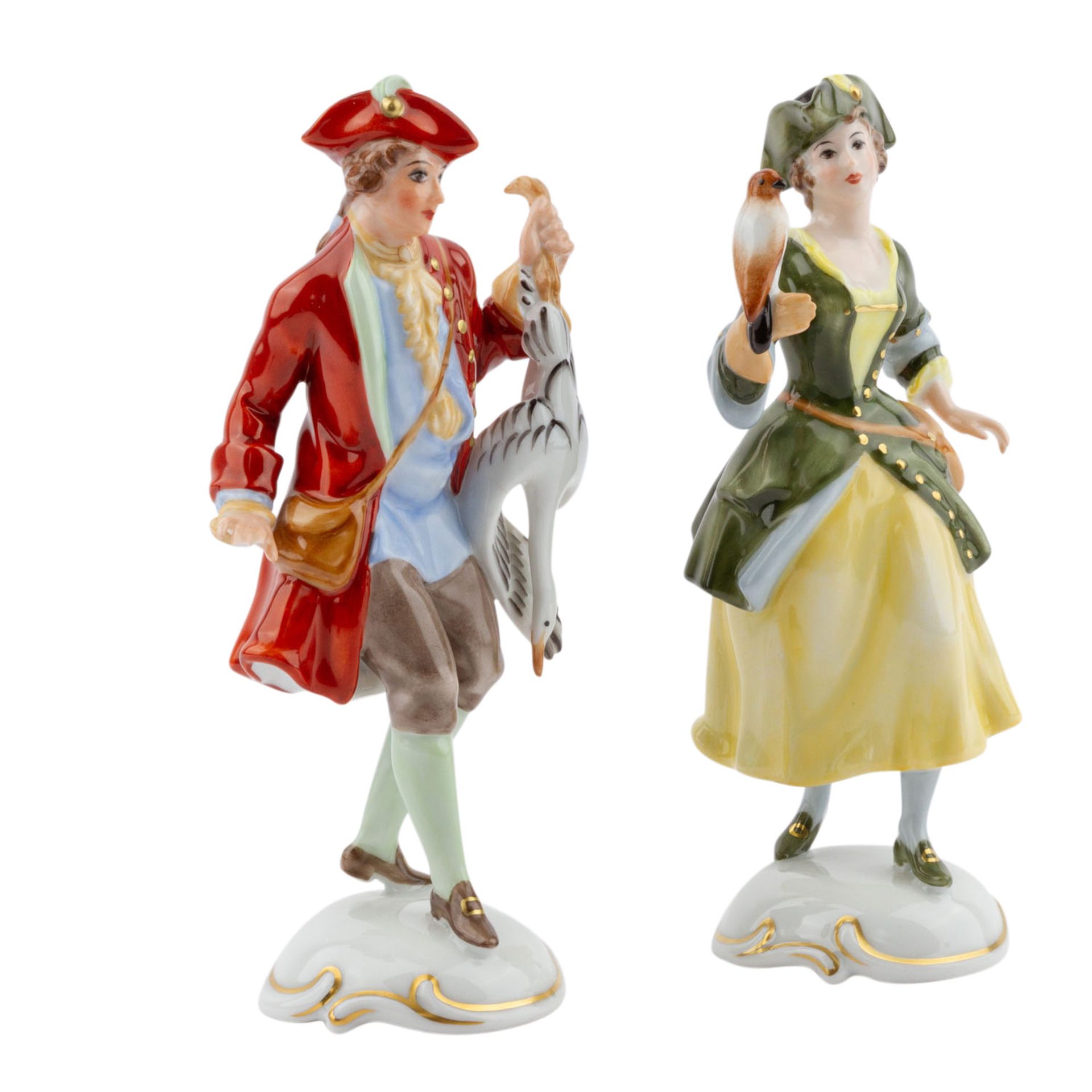 ROSENTHAL 2 Figuren 'Falknerin und Falkner', 20. Jhd.Weißporzellan mit polychromer Fassung, stehende