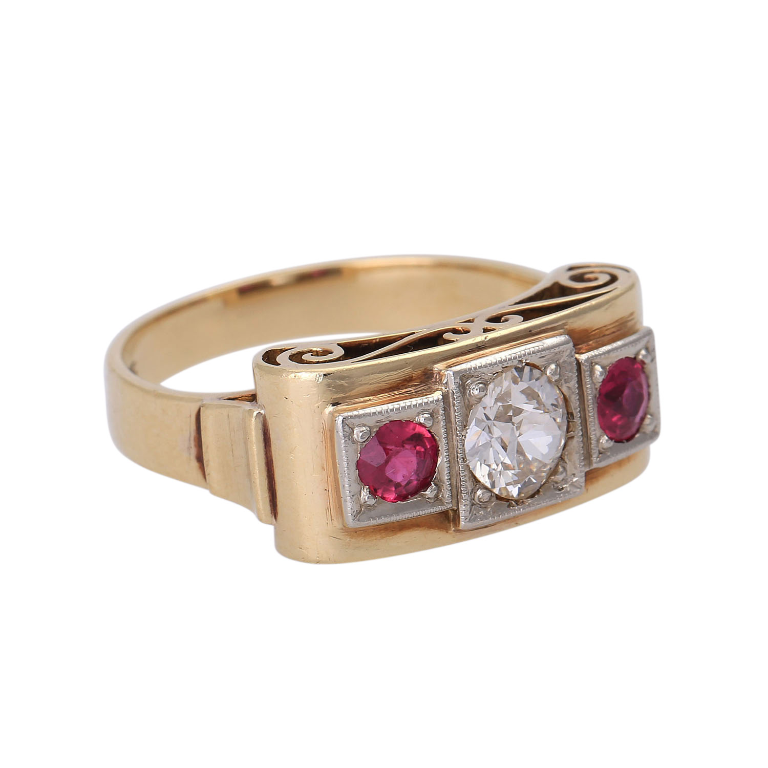 Ring mit Diamant und synth. Rubinen,Altschliff-Diam. ca. 0,5 ct, GET (M)/SI2, GG 14K, RW: 56/57, - Image 2 of 4