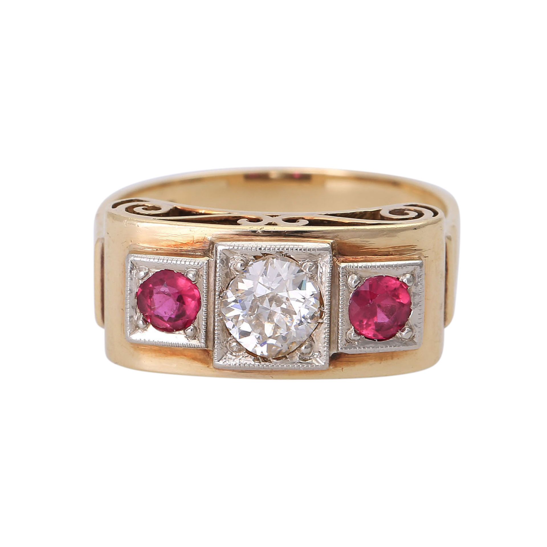 Ring mit Diamant und synth. Rubinen,Altschliff-Diam. ca. 0,5 ct, GET (M)/SI2, GG 14K, RW: 56/57,