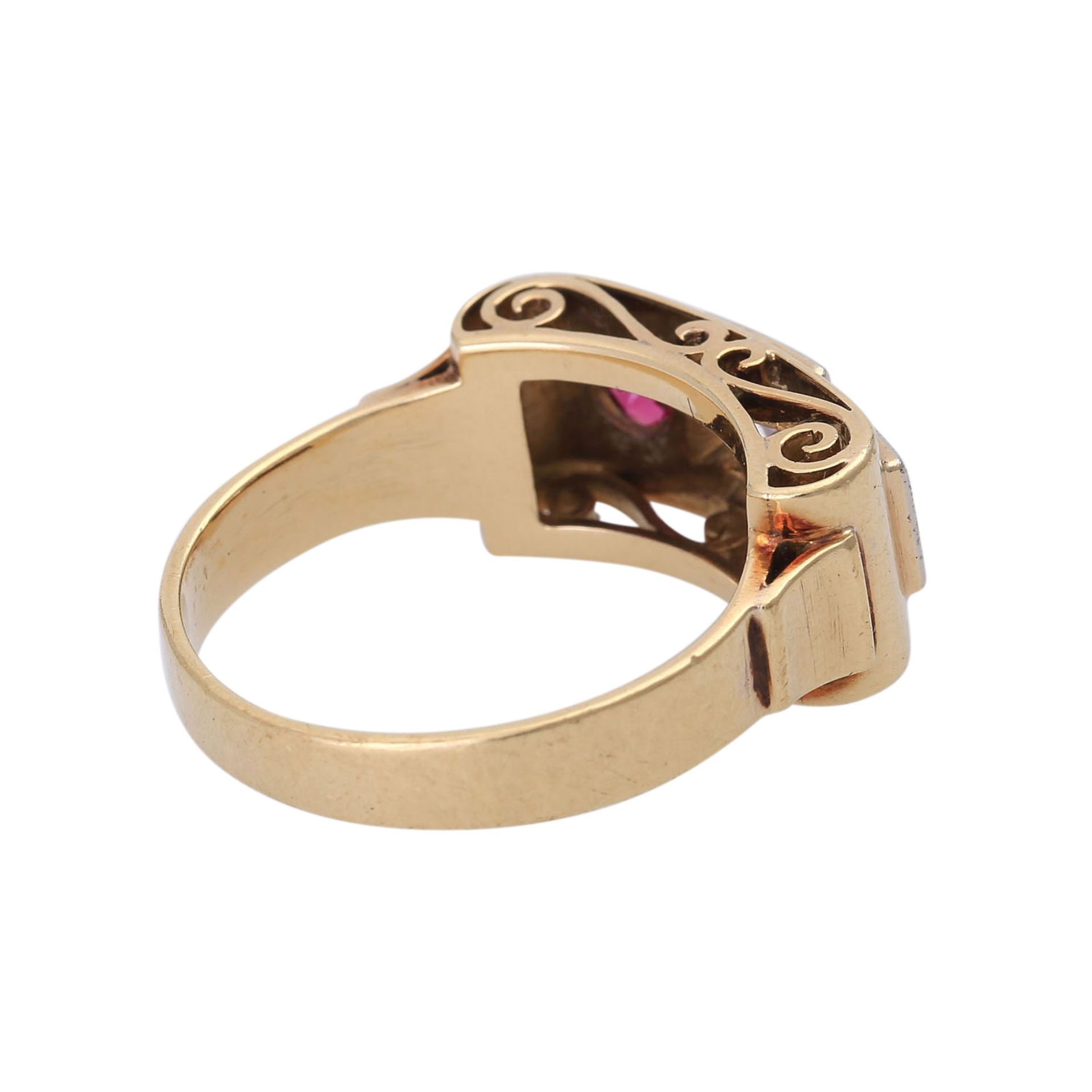 Ring mit Diamant und synth. Rubinen,Altschliff-Diam. ca. 0,5 ct, GET (M)/SI2, GG 14K, RW: 56/57, - Image 3 of 4