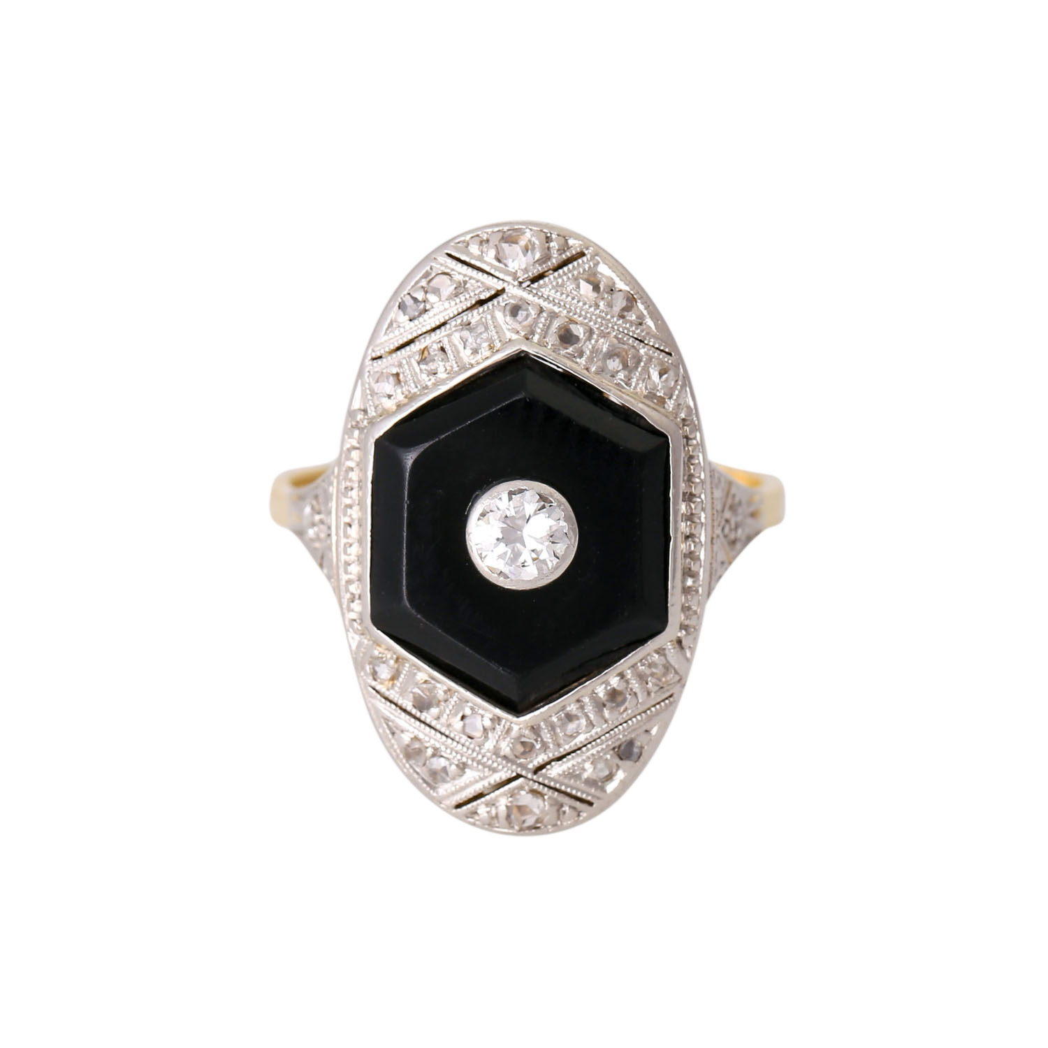 Art Déco Damenring mit Onyx und Diamantendavon 1 Altschliffdiam. ca. 0,1 ct WEIß (H)/SI, GG/WG.