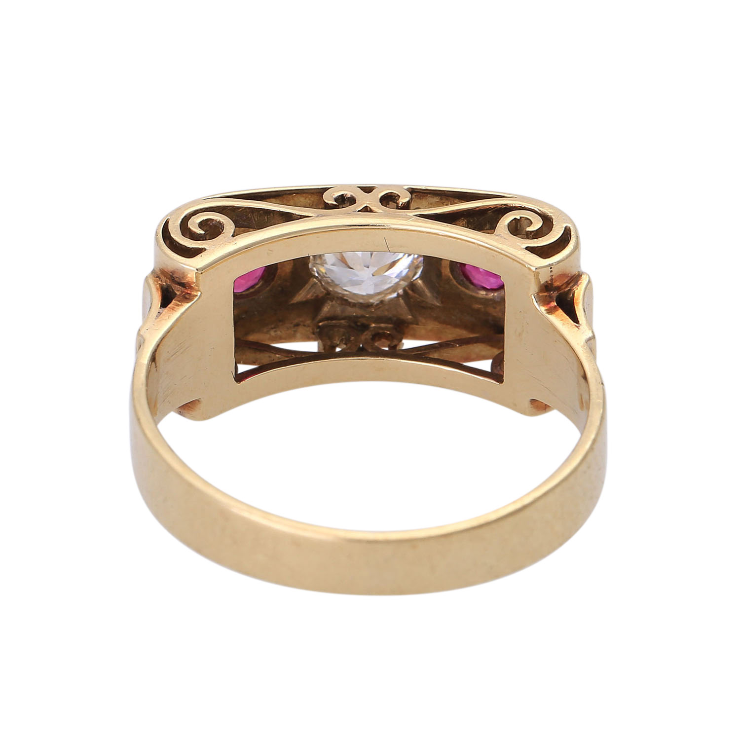 Ring mit Diamant und synth. Rubinen,Altschliff-Diam. ca. 0,5 ct, GET (M)/SI2, GG 14K, RW: 56/57, - Image 4 of 4